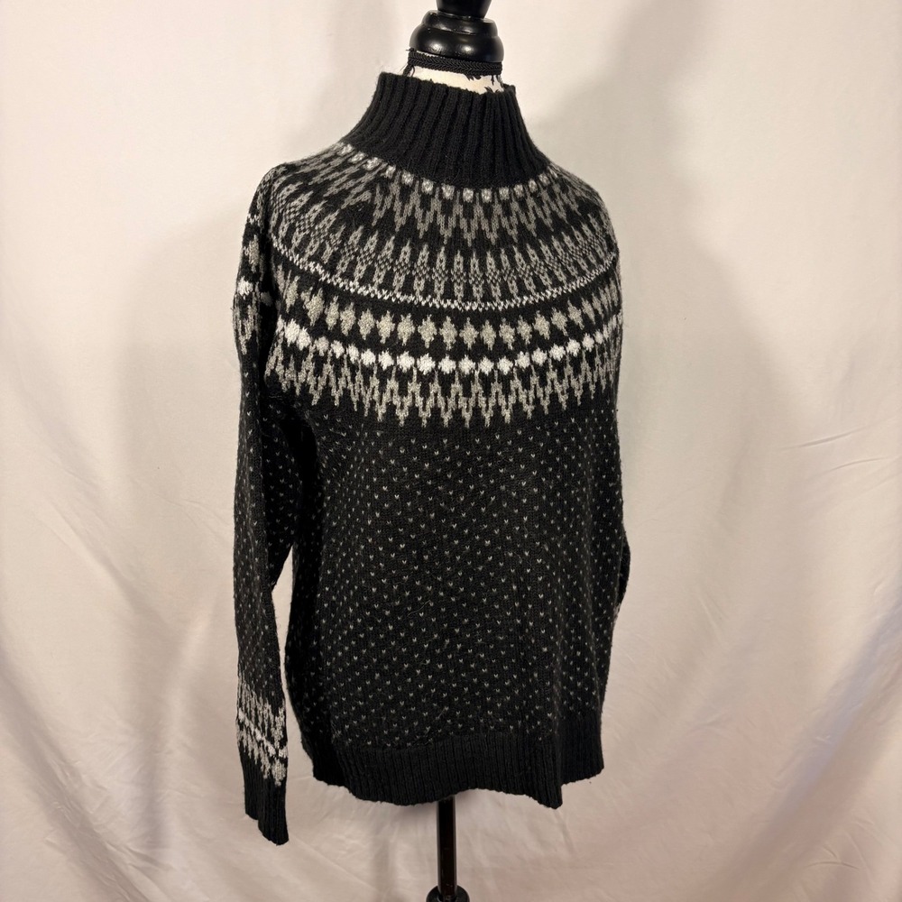 Eddie Bauer Womens Fair Isle Mock Neck Sweater Black Gray Wool Blend Large